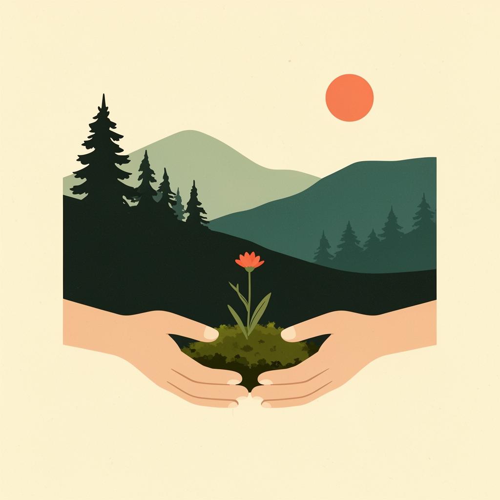 Hände, die behutsam eine kleine Wildblume auf moosigem Waldboden schützen — Leave No Trace.